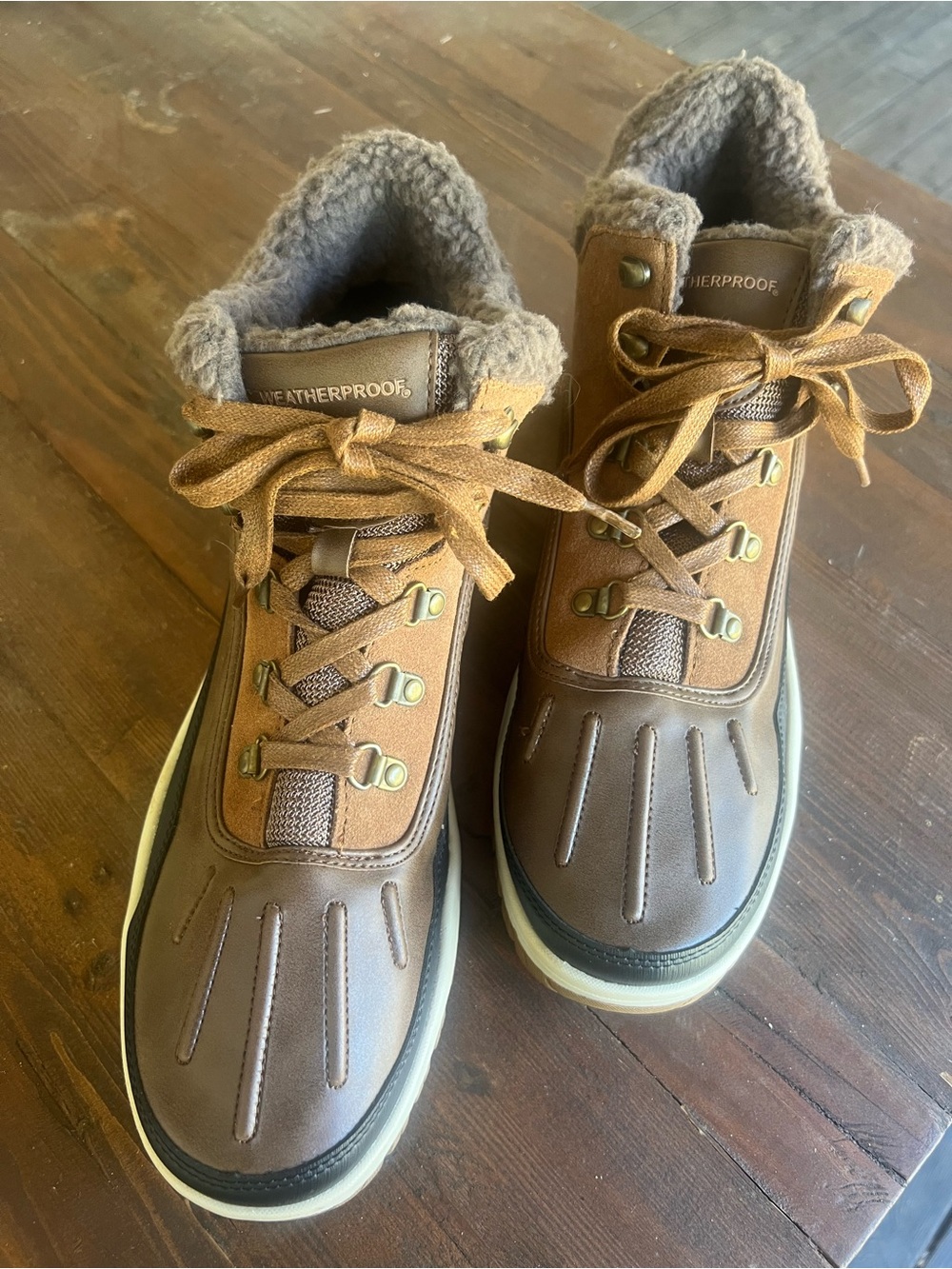 Weatherproof Brown and Tan Men's Lace-Up Winter Boots with Faux Fur Collar 12